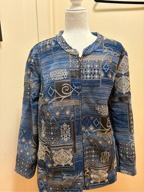 Blue & Gray Geometric Patchwork Zip-Up Blazer